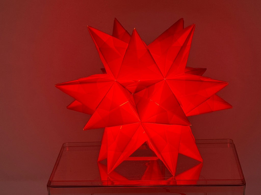 Handgefertigter Bascetta Stern orange, 10cm Durchmesser, Micro LED batteriebetrieben