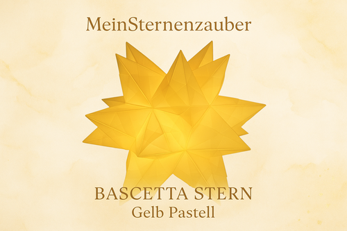Handgefertigter Bascetta Stern gelb pastell, 10cm Durchmesser, Micro LED batteriebetrieben