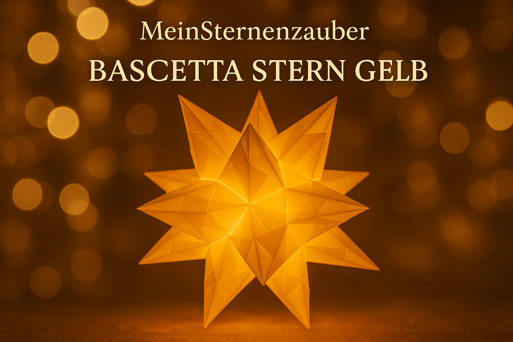 Handgefertigter Bascetta Stern gelb, 10cm Durchmesser, Micro LED batteriebetrieben