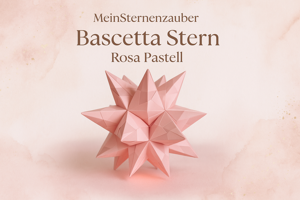 Handgefertigter Bascetta Stern rosa pastell, 10cm Durchmesser, Micro LED batteriebetrieben