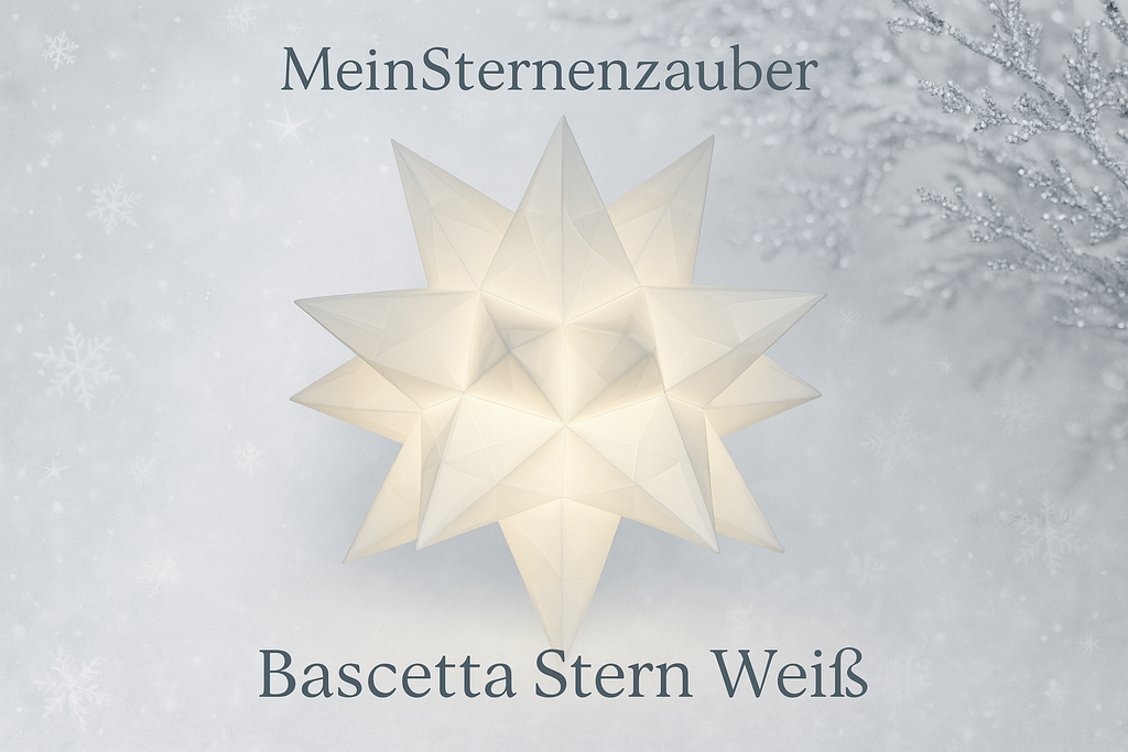Handgefertigter Bascetta Stern weiss, 10cm Durchmesser, Micro LED batteriebetrieben